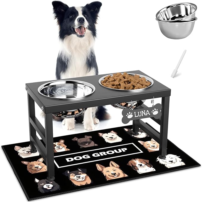 ADENGL Elevated Dog Bowls, 10" Tall Height, Raised Bowl Stand with 2 Stainless Steel Food Feeder Bowls (58oz) and Spill-Proof Mat for Medium Large and Small Breeds