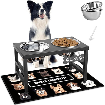 ADENGL Elevated Dog Bowls, 10" Tall Height, Raised Bowl Stand with 2 Stainless Steel Food Feeder Bowls (58oz) and Spill-Proof Mat for Medium Large and Small Breeds