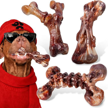 Dog Toys for Aggressive Chewers - 3 Pack Bacon Flavored Indestructible Dog Toy, Big Tough Chew Bone for Medium Large Breed 25-80lbs to Keep Them Busy, Happy Dog Gift (Brown)