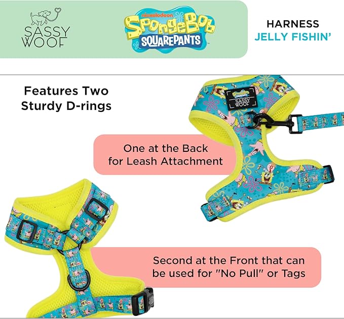 Sassy Woof Dog Adjustable Harness - Spongebob Squarepants™ Jelly Fishin' - XS, Breathable Mesh, No Pull Design with Two D-Rings, Patented Design, Perfect for Small Dogs - Officially Licensed