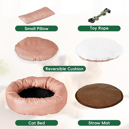 Colewin Small Cat Bed for Indoor Cats Dogs, Washable Round Donut Pet Bed for Puppies Kittens, Cute Rabbit Bunny Beds with Reversible Winter & Summer Cushion for Pets Up to 8lbs (Red)