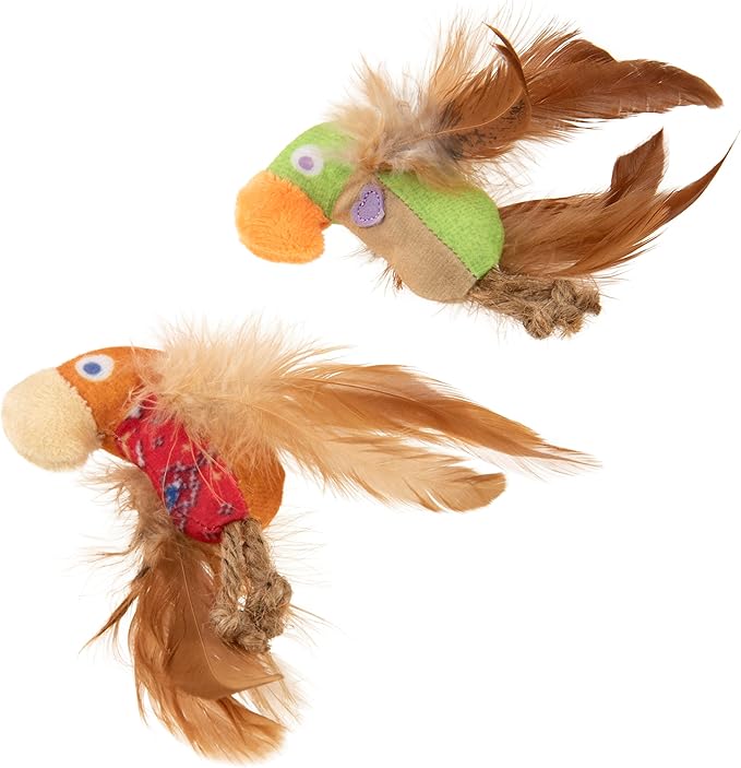 Instincts by SmartyKat 2-Pack HappyNip Love Mates Feather Birds Plush Cat Toys, Contains Catnip & Silvervine - Orange/Green, 2-Pack