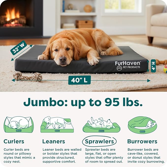 Furhaven Water-Resistant Orthopedic Dog Bed for Large Dogs w/ Removable Washable Cover, For Dogs Up to 95 lbs - Indoor/Outdoor Logo Print Oxford Polycanvas Mattress - Stone Gray, Jumbo/XL