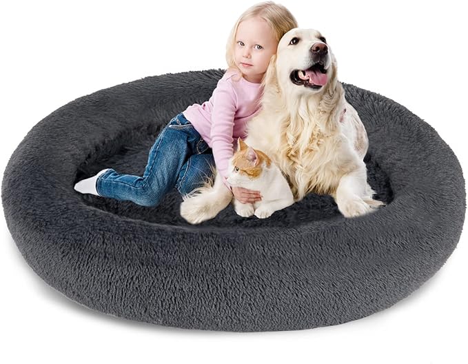 SAVFOX Plush Calming Donut Dog Beds for Small Dogs, Medium, Large & X-Large Breeds, Comfy Cuddler Dog Bed and Cat Bed in Faux Fur, Washable, Multiple Sizes S-XXL