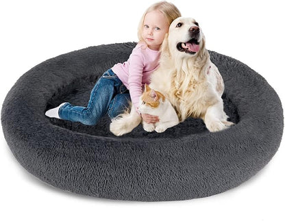 SAVFOX Plush Calming Donut Dog Beds for Small Dogs, Medium, Large & X-Large Breeds, Comfy Cuddler Dog Bed and Cat Bed in Faux Fur, Washable, Multiple Sizes S-XXL