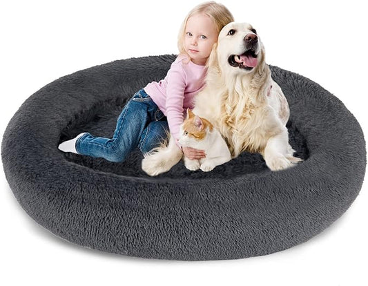 SAVFOX Plush Calming Donut Dog Beds for Small Dogs, Medium, Large & X-Large Breeds, Comfy Cuddler Dog Bed and Cat Bed in Faux Fur, Washable, Multiple Sizes S-XXL