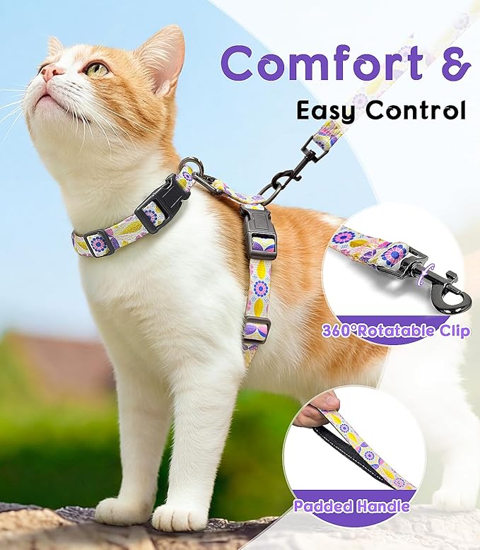 Halypet 2-Pack Cat Harness and Leash Set, Escape Proof 3-in-1 Adjustable Harness for Cats, Soft Lightweight, Easy On & Control for Walking, Travel & Outdoor Use, Pastel Floral, Medium