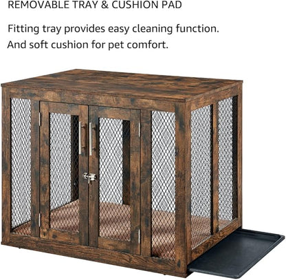 unipaws 38.5 Inch Large Dog Crate Furniture with Tray, Wooden Kennel Pet House Dog Cage with Door, Modern Decorative Dog Crate End Side Table Nightstand, Rustic