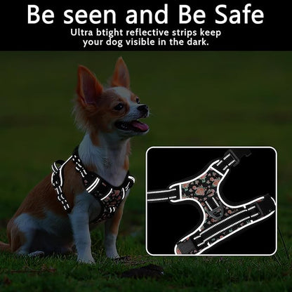 Timos Dog Harness, 3 Snap Buckles No-Pull Soft Padded Dog Vest with 2 Metal Leash Clips,Adjustable Reflective No Choke Pet Harness with Easy Control Handle for Small Dogs,Black Rose,S
