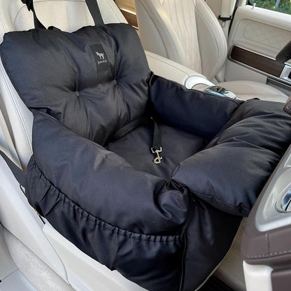 JACKO & CO Premium Dog Car Seat – Safe & Cozy Travel Bed and Carrier for Small Dogs, Puppies, Pets up to 25 lbs, Clip-On Leash & Storage Pockets, Water-Resistant, Machine Washable (Black, Small)