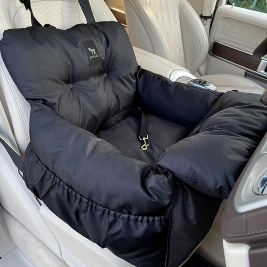 JACKO & CO Premium Dog Car Seat – Safe & Cozy Travel Bed and Carrier for Small Dogs, Puppies, Pets up to 25 lbs, Clip-On Leash & Storage Pockets, Water-Resistant, Machine Washable (Black, Small)