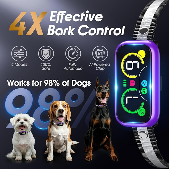 Dog Bark Collar Pro, Instant Bark Solution, Smart Anti Barking Device with 4 Correction Modes, Fast-Acting Barking Collar for for Large Medium Small Dogs 5-150lbs, Ideal for Home & Outdoor Use