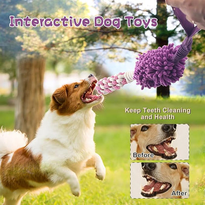 Dog Puppy Toys Dog Squeak Toys Plush Dog Toy with Dog Ropes Knots for Fun and Teeth Cleaning,Tug of War Toys, Puppy Chew Toys, Dog Rope Toys for Training Small, Large Dogs (Purple, Dog Bite Stick Toy)