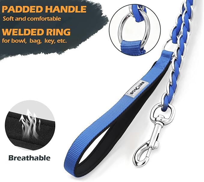 Chew Proof Metal Leash Chain Dog Leash for Medium Large Dogs, Chain Link Anti Chew 4FT Strong Anti Bite Comfortable Soft Padded Handle Blue