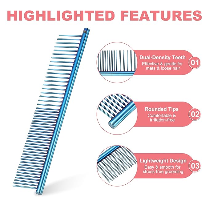 PETAXCELL Dog Cat Comb, Pet Combs Stainless Steel Teeth with Rounded Ends for Knots Mats Loose Hair Removal, 6.5IN (Blue Plated, 3 Pack), Grooming Tool Intended for Long Curly Hair Pet