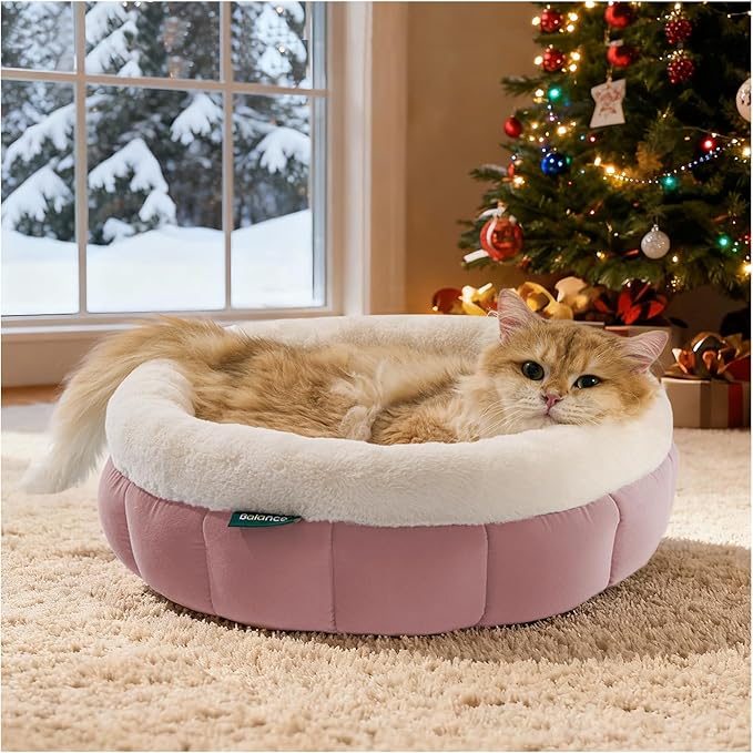 BALANCE Cat Beds for Indoor Cats, Washable Round Cat Bed, Cute Kitten Bed with Anti-Slip Bottom for Kitty and Puppy, 18 Inches, Mellow Rose