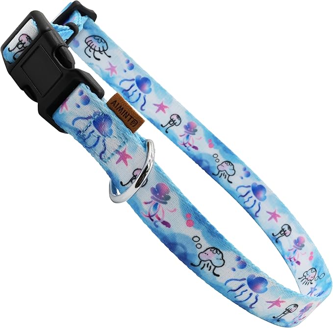 Dog Collar, Cute Jellyfish in Ocean Pattern, Soft and Adjustable Collar with Quick Release Buckle (M (Neck 14-24", Width 3/4"), Ocean Blue)