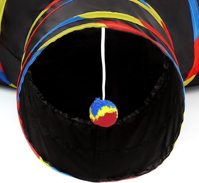 Tempcore Pet Cat Tunnel Collapsible Toy, 3-Way Kitty Tunnel with Peek Hole & Ball - Indoor Play Tube for Cats, Kittens, Puppy, Rabbit, Black & Rainbow