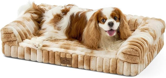 COZY KISS Cute Dog Bed for Small Dogs, Faux Rabbit Fur Orthopedic Foam Dog Bed with Sides, Removable Washable Cover & Waterproof Lining, Comfortable Pet Couch, Tie-Dye Brown (30" L x 20" W x 6" Th)