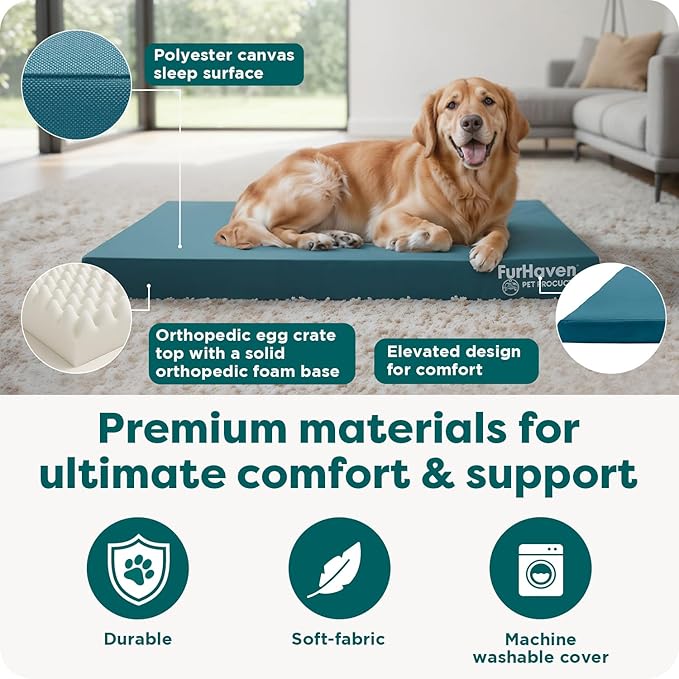 Furhaven Water-Resistant Orthopedic Dog Bed for Large Dogs w/ Removable Washable Cover, For Dogs Up to 95 lbs - Indoor/Outdoor Logo Print Oxford Polycanvas Mattress - Stone Gray, Jumbo/XL