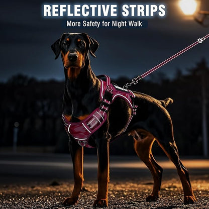 MOOGROU Tactical Service Dog Vest and Leash Set,Heavy Duty No Pull Dog Harness and 10 Patches with Dog Seat Belt for Large Dogs,Reflective Pet Harness for Training Walking Hiking Camo Pink L