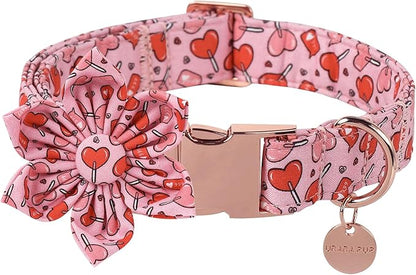 UP URARA PUP Valentine Dog Collar with Flower, Heart Flower Collar for Puppy Girl Boy Dog or Cat, Comfortable Dog Collar Flower with Durable Metal Buckle, Cute Pet Collar,XL, Neck 16-26in