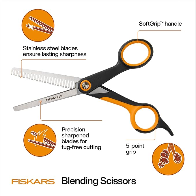 Fiskars Pet, Dog and Cat Grooming Scissors, Serrated Teeth for Thinning & SoftGrip Handle, Cat and Dog Supplies, Orange/Black, Blending Scissors