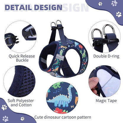 KOOLTAIL Dog Harness and Leash Set for Small Medium Dogs, Step in No Pull Soft Mesh Dog Harness Comfort Padded Pet Vest, Adjustable Reflective Easy Walking Puppy Cats Harness Training, Dinosaur S