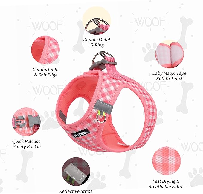 AIITLE Breathable Mesh Dog Vest Harness, No Pull Escape Proof Vest Harnesses with Reflective Bands, Adjustable Plaid Pet Outdoor Harnesses for Small and Medium Dogs Watermelon M