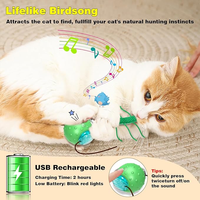 Saolife Interactive Cat Toys for Indoor Cats, Moving Cat Ball with Tail, Fast Rolling on Carpet, Chirping & Motion Activate Toy for Bored Indoor Adult Cats