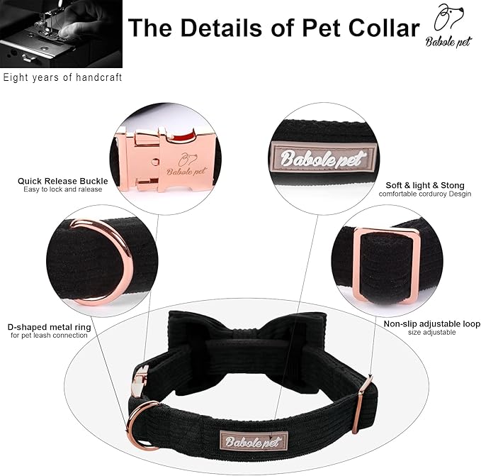 Black Dog Collars for Medium Dog,Cute Corduroy Dog Collar with Bow Tie Safety Metal Buckle Adjustable Puppy Collars for Small Medium Large Boy&Girl Dogs,M-Neck 13.5"-22"
