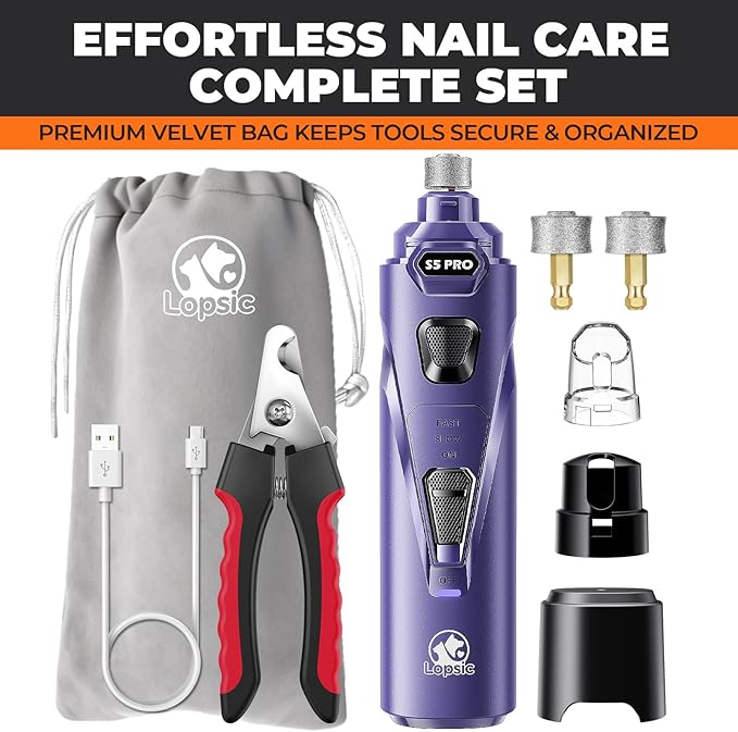 Dog Nail Grinder with 2 LED Lights Powerful 2 Speeds Super Quiet Dog Nail Trimmers with 3 Grinding Wheels Rechargeable Pet Dog Nail Clippers for Large Medium Puppy Dogs Dog Nail File Cat Nail Clipper