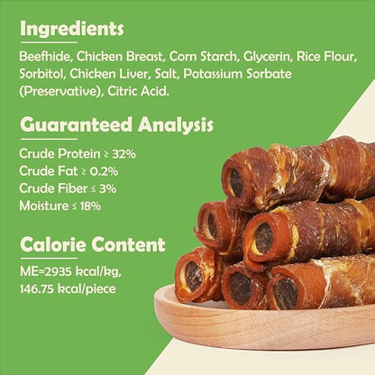 MON2SUN Dog Treats 5 Inch Chicken Wrapped Smoked Stuffed Rawhide Rolls with Chicken Liver, Rawhide Chews for Small and Medium Dogs, 21.2 oz (12 Count)