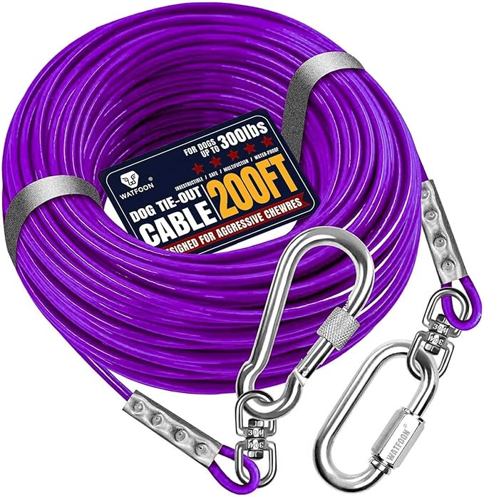 Tie Out Cable for Dogs Up to 300lbs, 200ft Extra Strong 1000lbs Break Strength Tie-Out Tether Trolley Training Lead,Dog Run Cable for Yard Garden Park Camping Outside (Purple, 300lbs 200ft)