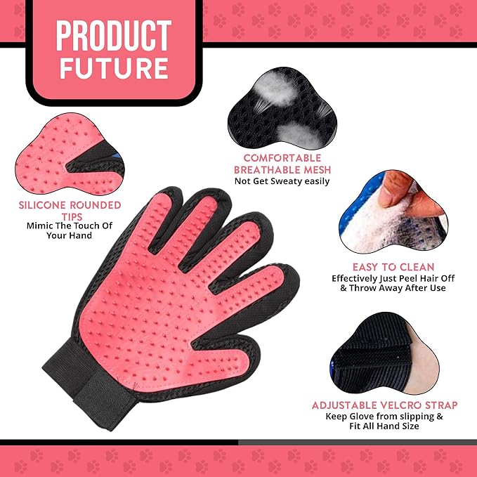 Pet Grooming Gloves – 1 Pair – Deshedding & Bath Massage Mitts for Dogs & Cats – Choose from 5 Colors – Adjustable, Reusable & Easy to Clean (Pink)