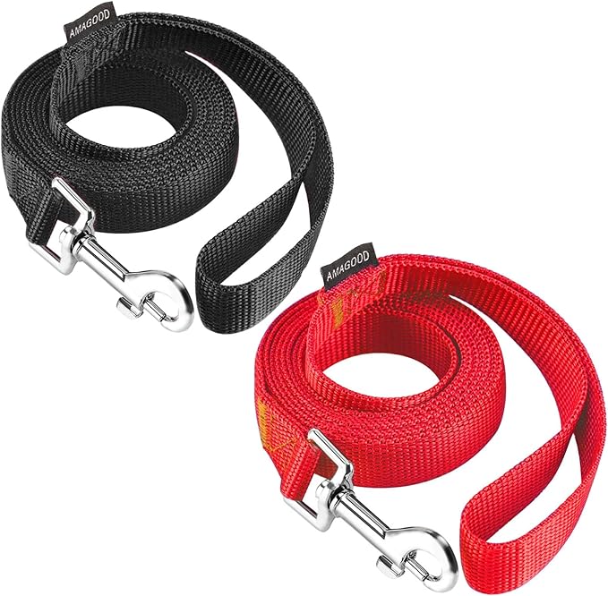 AMAGOOD 6 FT Puppy/Dog Leash, Strong and Durable Traditional Style Leash with Easy to Use Collar Hook, Great for Small, Medium and Large Dogs (3/4 in x 6 ft, Black and Red (2-Pack))