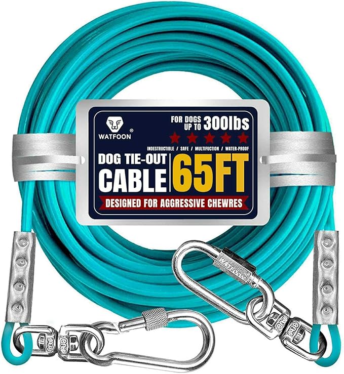 Tie Out Cable for Dogs Up to 300lbs,65ft Extra Strong 1000lbs Break Strength Tie-Out Tether Trolley Training Lead,Dog Run Cable for Yard Garden Park Camping Outside (Turquoise 65FT)