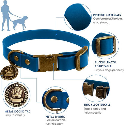 Wisedog Dog Collar and Leash Set, Waterproof Adjustable Puppy Collars with Cute Tag 5FT Dog Leash with Poop Bag for Small Medium Large Dogs (L, Blue)