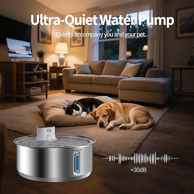 Petsamuse Wireless Dog Water Fountain, 2.1Gal/8L Battery Operated Stainless Steel Pet Water Fountain Motion Sensor Dog Water Bowl Large Cat Bowl Inside with 3 Filters and 2 Ultra Quiet Pumps