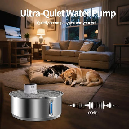 Petsamuse Wireless Dog Water Fountain, 2.1Gal/8L Battery Operated Stainless Steel Pet Water Fountain Motion Sensor Dog Water Bowl Large Cat Bowl Inside with 3 Filters and 2 Ultra Quiet Pumps