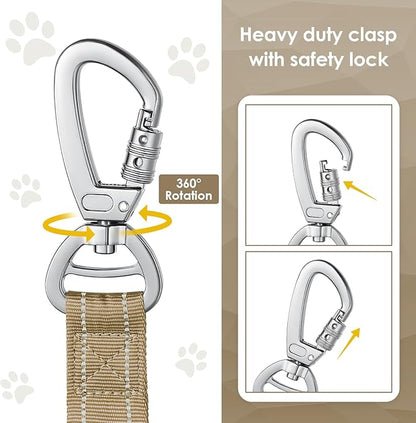 AUBELL Tactical Dog Leash Heavy Duty,4-6ft Reflective Strong No Pull Bungee Leash for Small Dogs with Comfortable Padded Double Handle,Car Seat Belt,360 Degree Rotating Carabiner,Brown