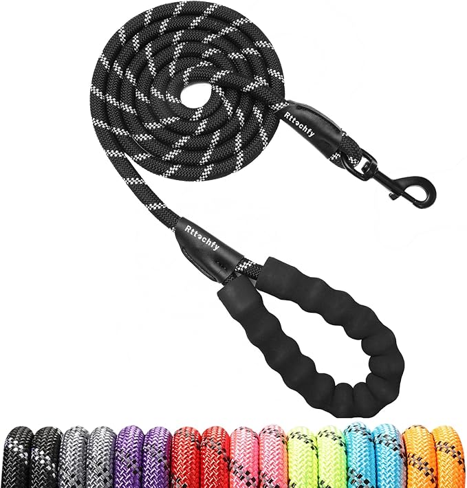 Rttochfy Rope Dog Leash 2/4/5/6/8/10 FT with Comfortable Padded Handle and Highly Reflective Threads for Small Medium and Large Dogs Heavy Duty (1/2"-10 FT, Black)