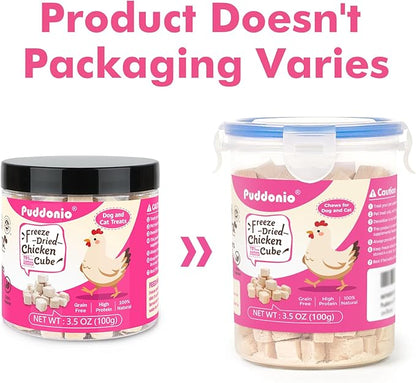 Puddonio Freeze Dried Cats & Dogs Raw Treats, All Natural Single Ingredient Chicken Breast, High Protein Healthy Pet Training Treats or Food Topper, 3.5 oz