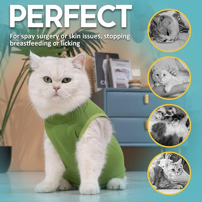 Avont Cat Recovery Suit - Kitten Onesie for Cats After Surgery, Cone of Shame Alternative Surgical Spay Suit for Female Cat, Post-Surgery or Skin Diseases Protection -Green(M)