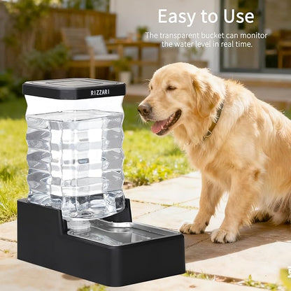 RIZZARI Stainless Steel Pet Waterer: 8L Black Gravity Fed Water Dispenser Leak-Proof for Senior Dogs Joint Care Home Owners - Bedroom Garden Use