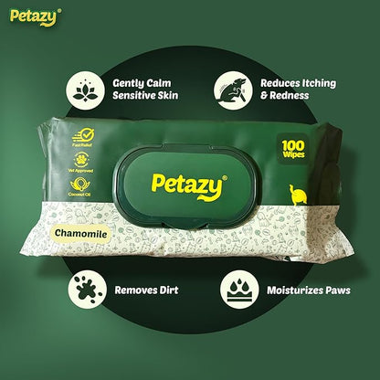 Petazy 400 Dog Wipes for Paws and Butt Ears Eyes | XL 8x8 Natural Pet Wipes for Dogs | Chamomile Dog Wipes Cleaning Deodorizing | Extra Thick Paw Wipes for Dogs Cats Pets | 4 Bonus Glove Wipes