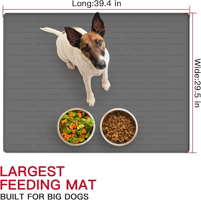 39.4"x29.5" Large Pet Food Mat, Silicone Dog Mats for Food and Water, Nonslip Pet Feeding Mats for Floors,Dog Cat Bowl Mat with Raised Edges, Dark Gray