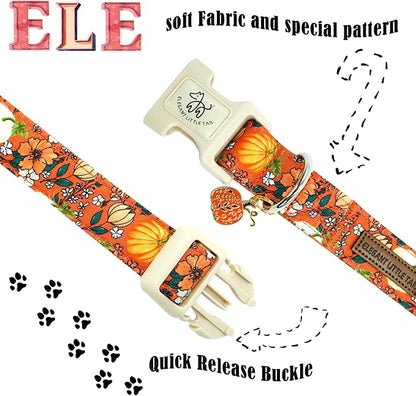 Elegant little tail Halloween Dog Collar, Pumpkin with Flower Print Fall Pet Collars Cotton Soft Sturdy Puppy Collars Holiday Female Adjustable Collar for Small Dogs