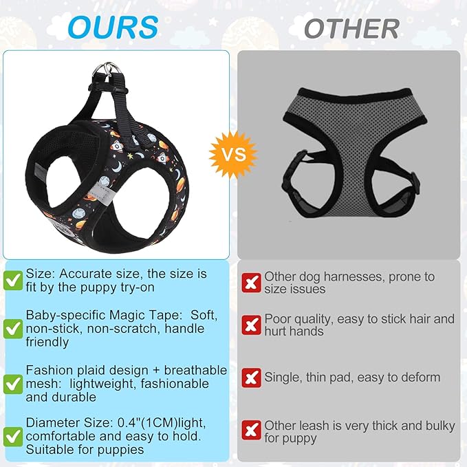 BEAUTYZOO Dog Harness Small Sized and Leash Set, Step-in Soft Padded Mesh Puppy Vest, Reflective Dog Harness No Pull No Choke, Breathable Easy Walking Vest Harnesses for Girl Boy Pets, Black Planet S