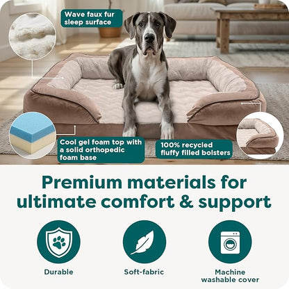 FurHaven Cooling Gel Dog Bed for Large Dogs, Perfect Comfort Sofa Bed with Cool Gel-Top Foam & Solid Orthopedic Foam Base for Joint Support, Washable Cover, Jumbo Plus XXL, Plush & Velvet, Brownstone.